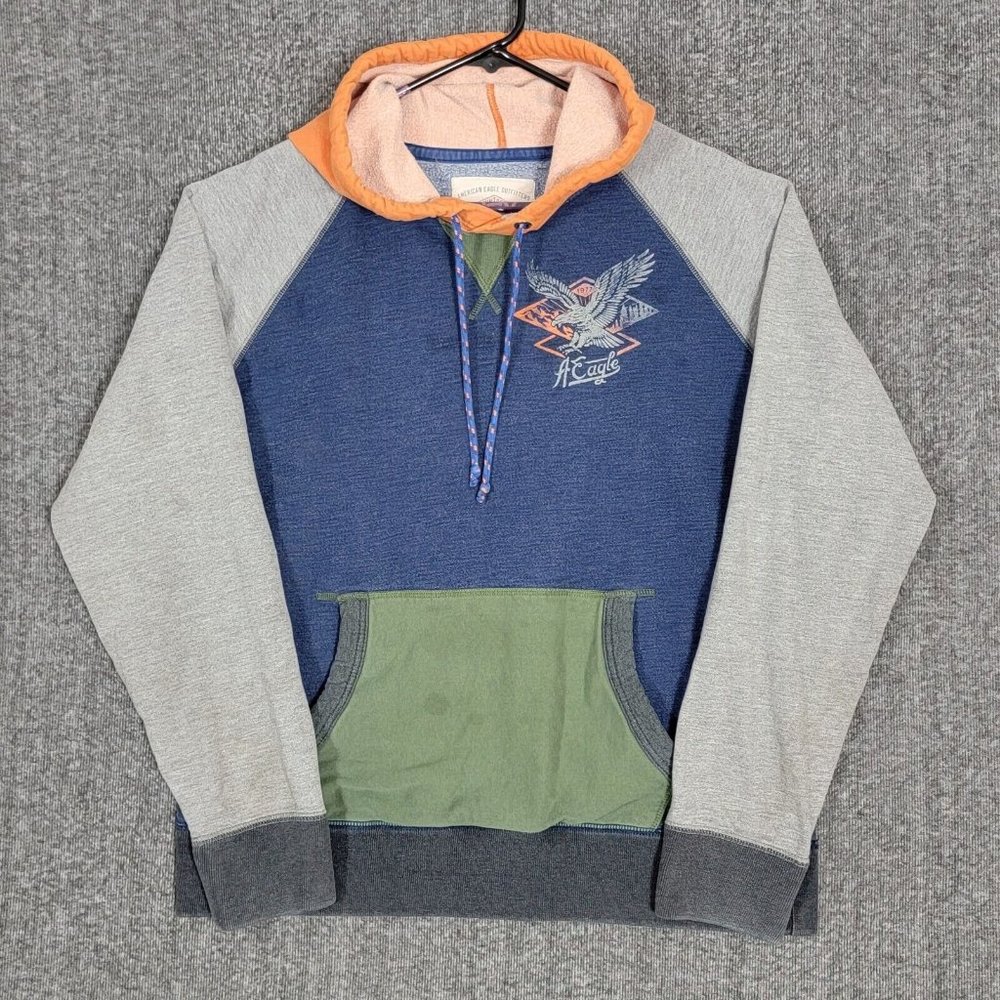 American Eagle Hoodie Sweatshirt Mens Large Blue Gray Colorblock Pullover